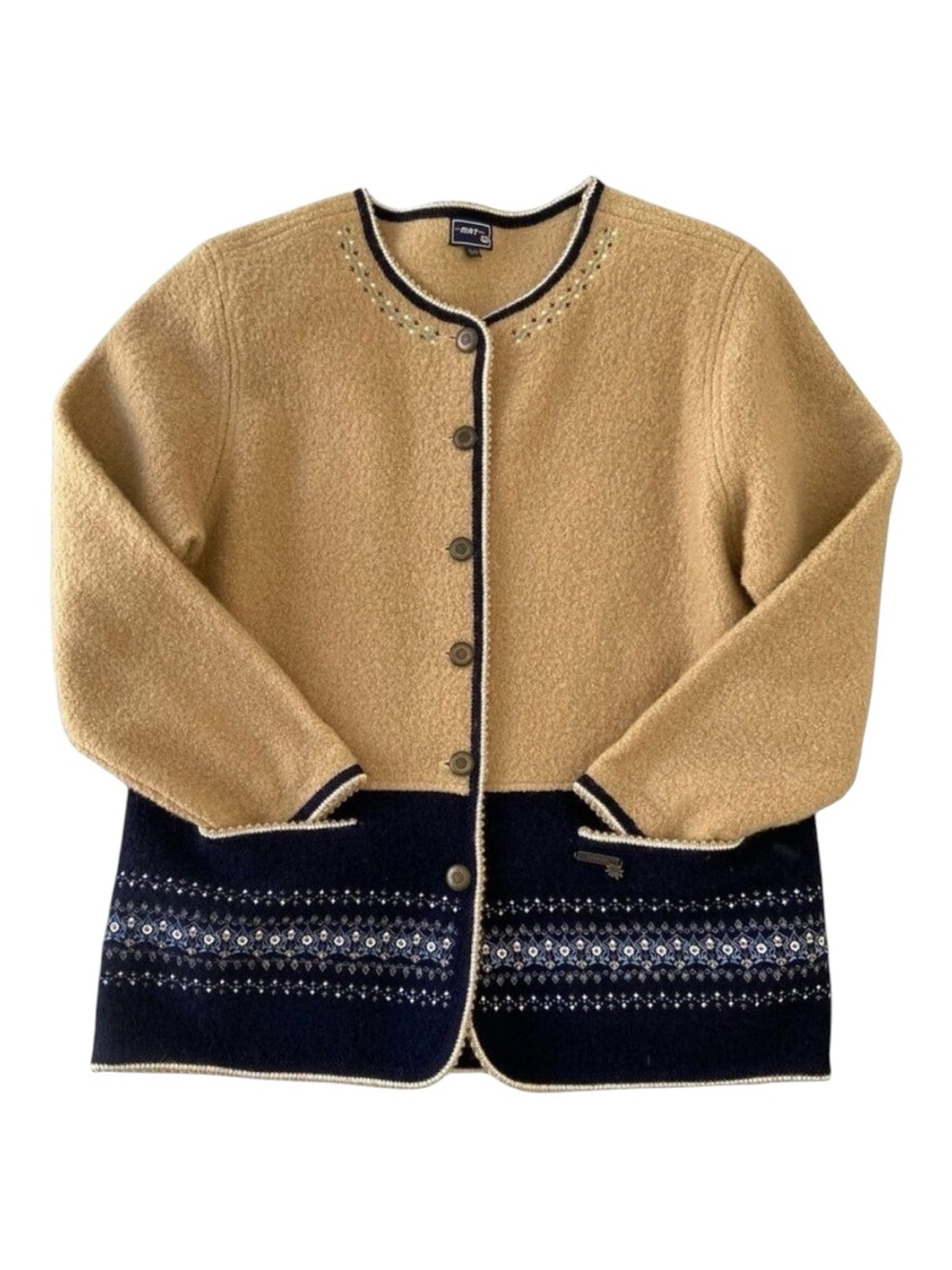 MAT Cardingan 100% wool gold yellow  blue color block button embroidery Small